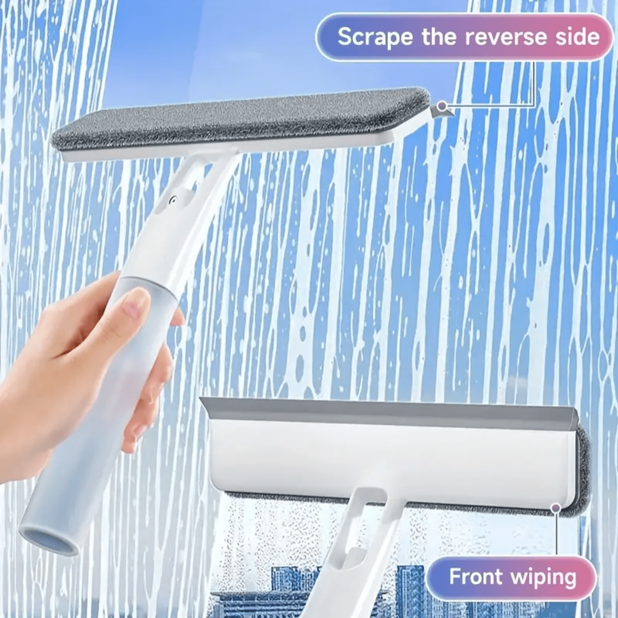 Multi-Purpose Window Cleaning Wiper with Spray & Scraper