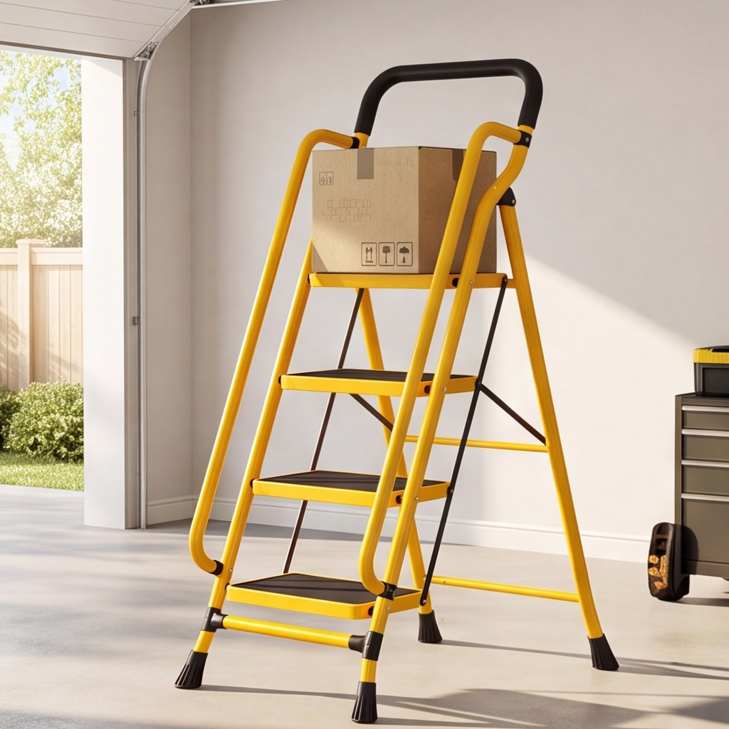 Multi-Step Carbon Steel Folding Ladder with Handrail