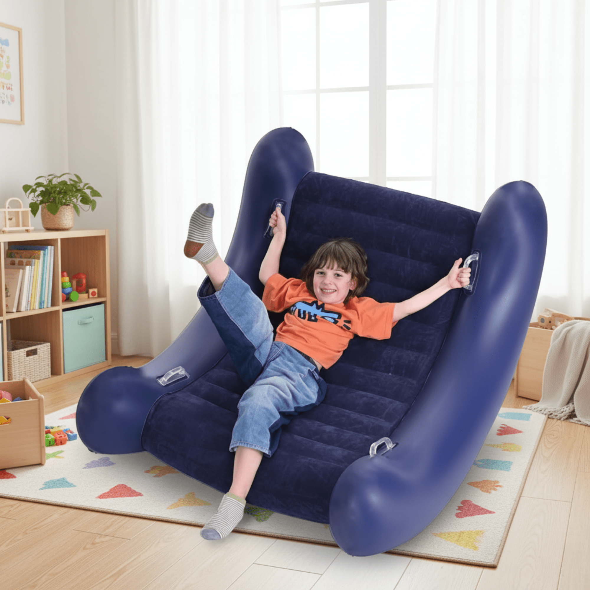 Inflatable PVC Recliner Chair with Flocked Surface and Fibre Build