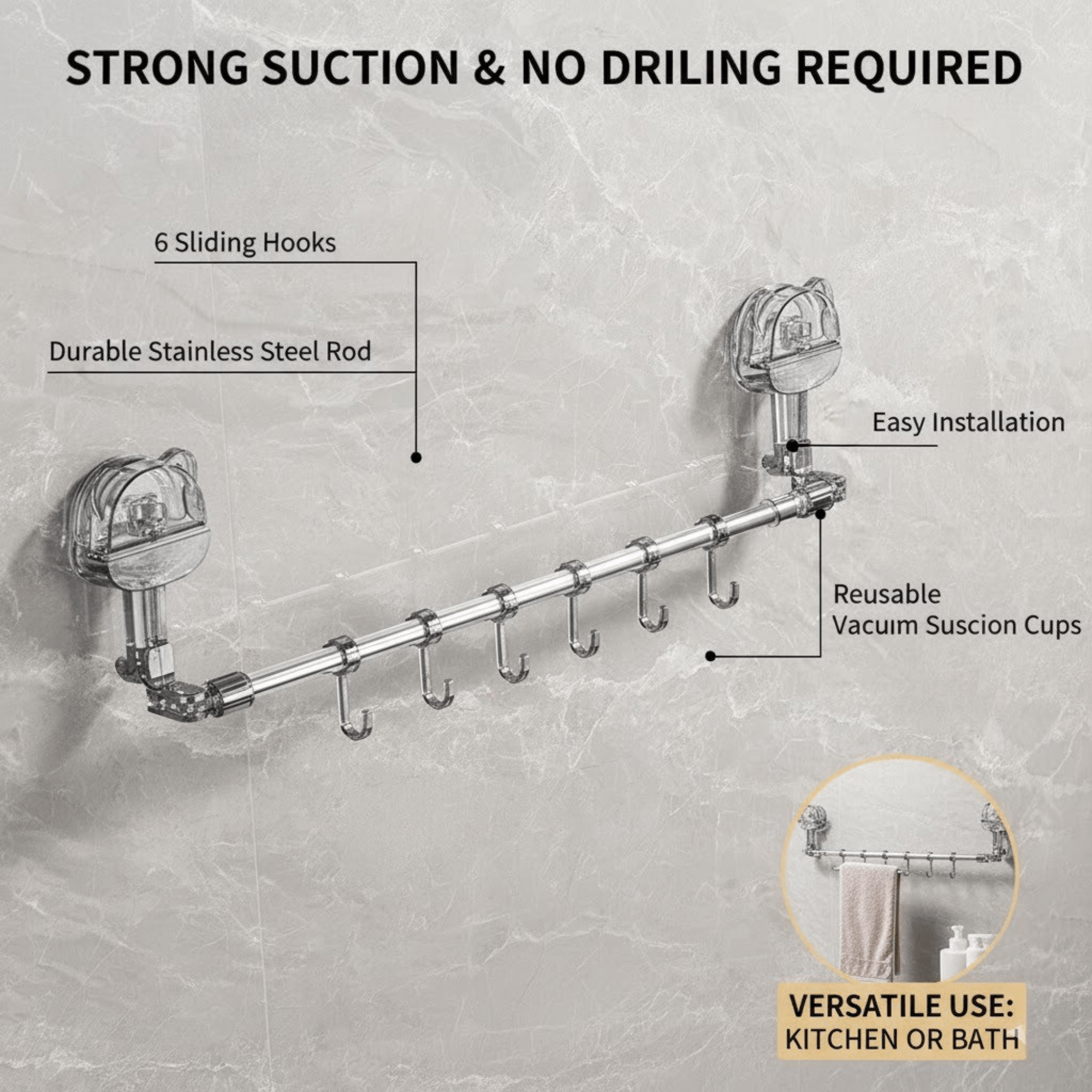 Multi-Functional Drill Free Retractable Storage Rack with 6 Hooks