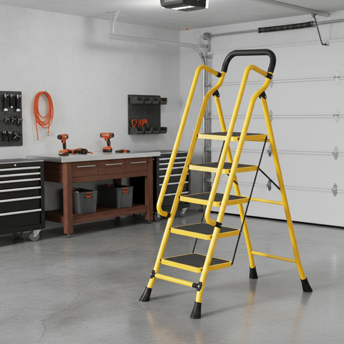 Multi-Step Carbon Steel Folding Ladder with Handrail