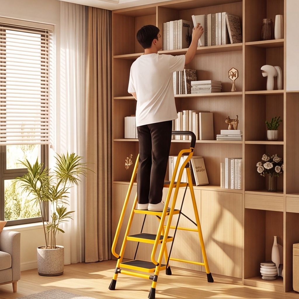Multi-Step Carbon Steel Folding Ladder with Handrail