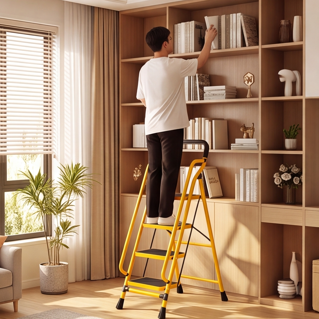 Multi-Step Carbon Steel Folding Ladder with Handrail