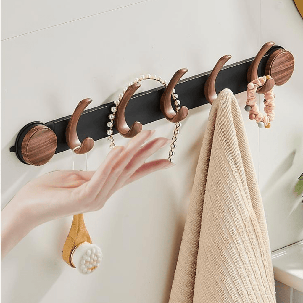 Wall-Mounted 5-Hook Rack with Vacuum Suction and Wood Finish