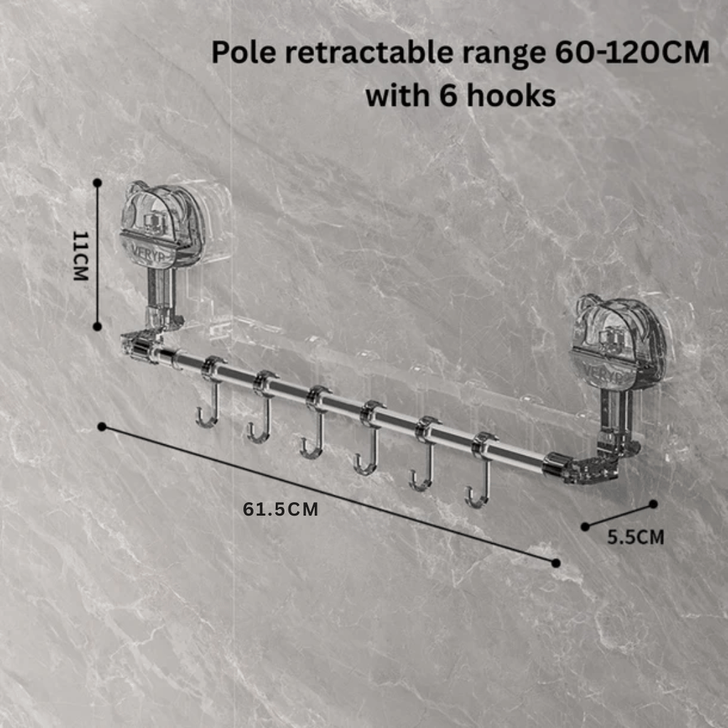 Multi-Functional Drill Free Retractable Storage Rack with 6 Hooks