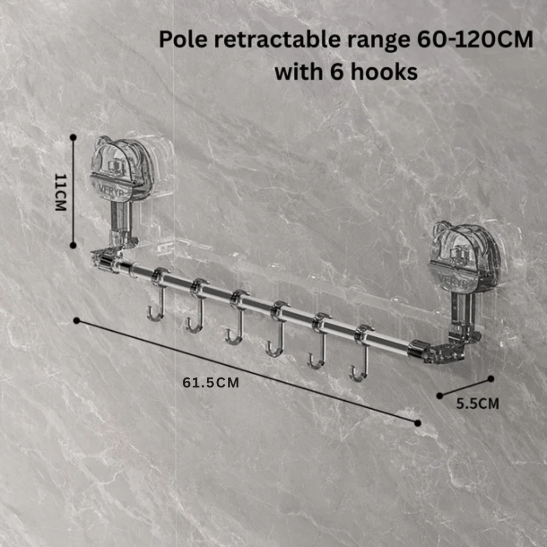Multi-Functional Drill Free Retractable Storage Rack with 6 Hooks