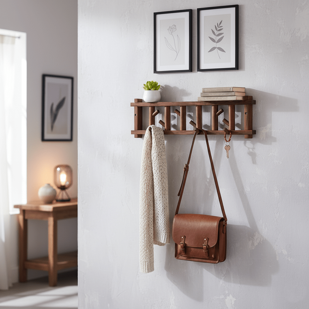 Natural Wood Wall-Mounted Clothes & Accessories Rack