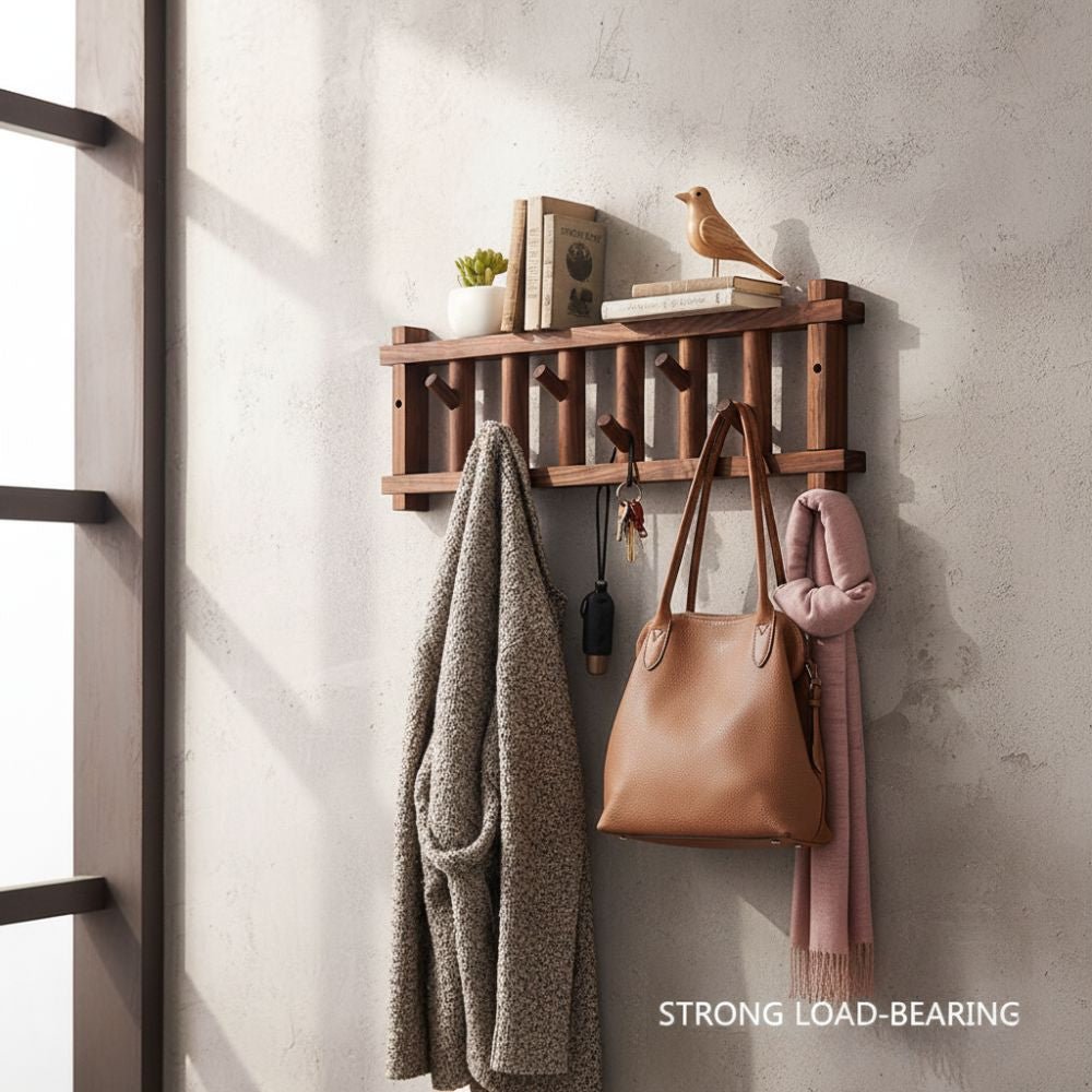 Natural Wood Wall-Mounted Clothes & Accessories Rack