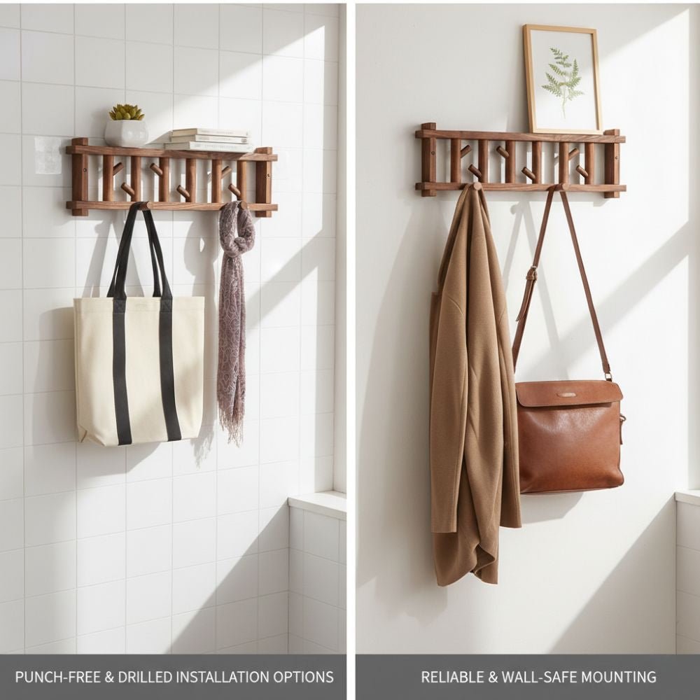 Natural Wood Wall-Mounted Clothes & Accessories Rack