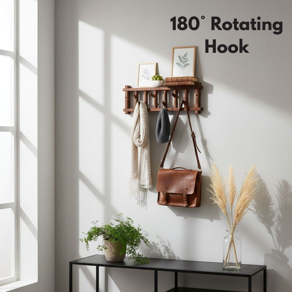Natural Wood Wall-Mounted Clothes & Accessories Rack